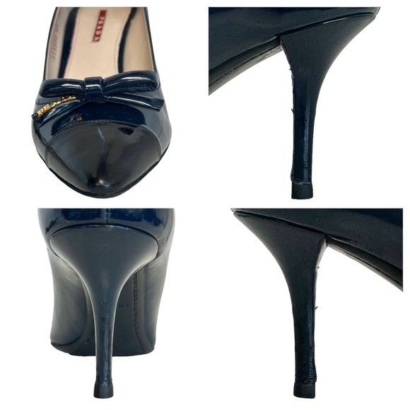 Prada Patent Leather Heels Blue Black Pointed Toe Bow Accent Size EU IT 40 US 10 - Picture 9 of 17